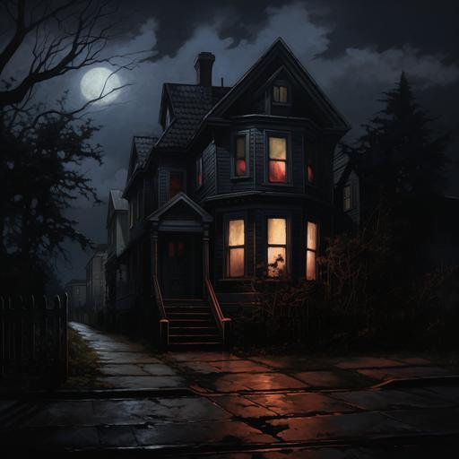 small dark victorian home with door on the right side, dark painting