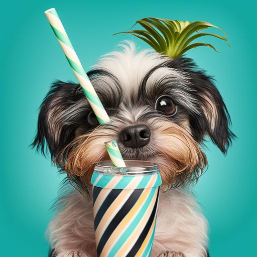 small dog drinking coconut with a striped straw