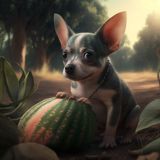 small dog with big ears eating melon in forrest
