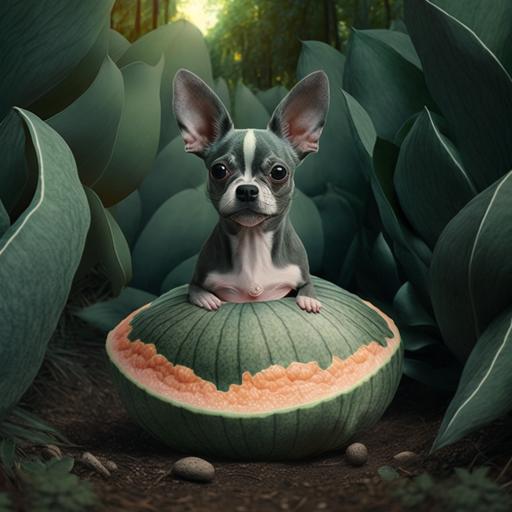 small dog with big ears eating melon in forrest