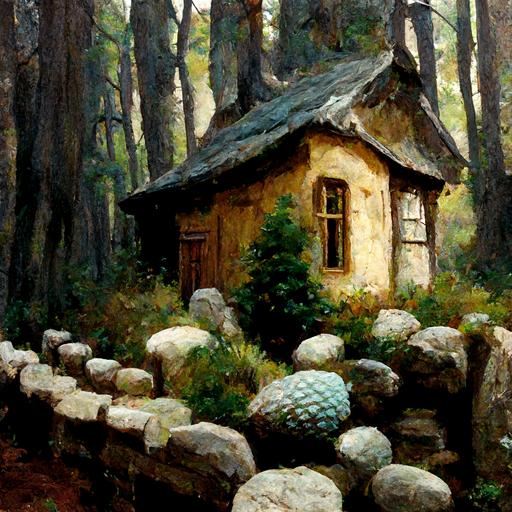 small fantasy house, stone fence, pine forest, realism