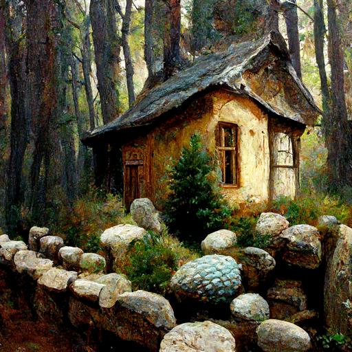 small fantasy house, stone fence, pine forest, realism