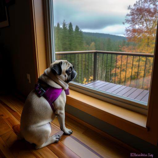 small female pug, 3 years old, 13 pounds, beauty mark on the left side of her face like marilyn monroe, fawn color, slightly darker black face, coat has small flecks of black sparingly within it, dog is wearing a purple harness, is in a very modern but homey lodge style house with a tan leather midcentury modern sofa and matching loveseat with a green velvet oversized chair in the background, coffee table is a midcentury modern mahogany with matching end tables, there is a modern aztec print rug in the living room where the dog is resting in a dog bed that matches this rug, there are floor to ceiling windows in the living room with a very sheer gauzy fabric in a green color that matches the velvet oversized chair, there is a wood wall and mahogany beams throughout