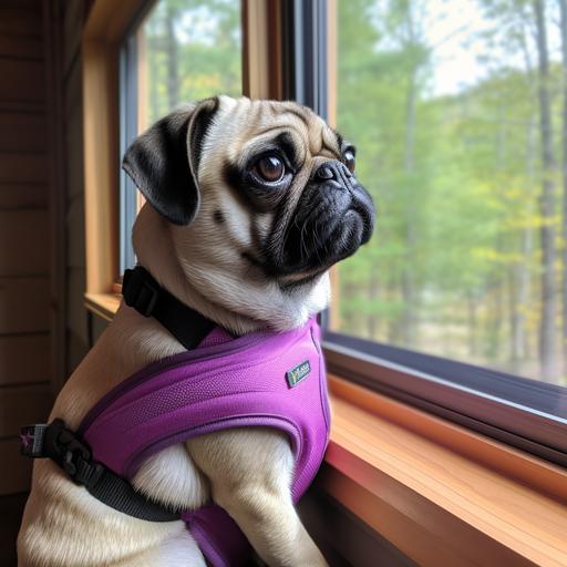 small female pug, 3 years old, 13 pounds, beauty mark on the left side of her face like marilyn monroe, fawn color, slightly darker black face, coat has small flecks of black sparingly within it, dog is wearing a purple harness, is in a very modern but homey lodge style house with a tan leather midcentury modern sofa and matching loveseat with a green velvet oversized chair in the background, coffee table is a midcentury modern mahogany with matching end tables, there is a modern aztec print rug in the living room where the dog is resting in a dog bed that matches this rug, there are floor to ceiling windows in the living room with a very sheer gauzy fabric in a green color that matches the velvet oversized chair, there is a wood wall and mahogany beams throughout