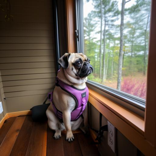 small female pug, 3 years old, 13 pounds, beauty mark on the left side of her face like marilyn monroe, fawn color, slightly darker black face, coat has small flecks of black sparingly within it, dog is wearing a purple harness, is in a very modern but homey lodge style house with a tan leather midcentury modern sofa and matching loveseat with a green velvet oversized chair in the background, coffee table is a midcentury modern mahogany with matching end tables, there is a modern aztec print rug in the living room where the dog is resting in a dog bed that matches this rug, there are floor to ceiling windows in the living room with a very sheer gauzy fabric in a green color that matches the velvet oversized chair, there is a wood wall and mahogany beams throughout