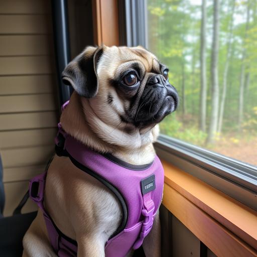 small female pug, 3 years old, 13 pounds, beauty mark on the left side of her face like marilyn monroe, fawn color, slightly darker black face, coat has small flecks of black sparingly within it, dog is wearing a purple harness, is in a very modern but homey lodge style house with a tan leather midcentury modern sofa and matching loveseat with a green velvet oversized chair in the background, coffee table is a midcentury modern mahogany with matching end tables, there is a modern aztec print rug in the living room where the dog is resting in a dog bed that matches this rug, there are floor to ceiling windows in the living room with a very sheer gauzy fabric in a green color that matches the velvet oversized chair, there is a wood wall and mahogany beams throughout