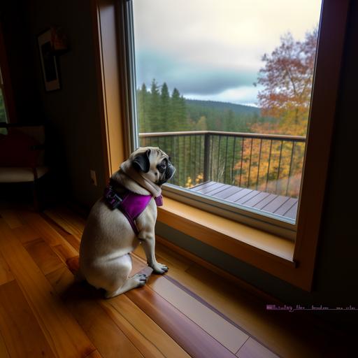 small female pug, 3 years old, 13 pounds, beauty mark on the left side of her face like marilyn monroe, fawn color, slightly darker black face, coat has small flecks of black sparingly within it, dog is wearing a purple harness, is in a very modern but homey lodge style house with a tan leather midcentury modern sofa and matching loveseat with a green velvet oversized chair in the background, coffee table is a midcentury modern mahogany with matching end tables, there is a modern aztec print rug in the living room where the dog is resting in a dog bed that matches this rug, there are floor to ceiling windows in the living room with a very sheer gauzy fabric in a green color that matches the velvet oversized chair, there is a wood wall and mahogany beams throughout