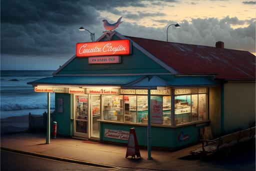 small fish and chip shop, chicken shop, australian seaside town, surfer town at sunset, beautiful beach, beautifully lit, coca cola advertising, hyperdetailed, surfboards, bikes, seagulls, sleeping dog, gregory crewdson --ar 3:2 --v 4 --q 2 --c 10