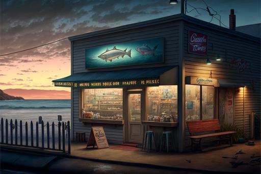 small fish and chip shop, chicken shop, australian seaside town, surfer town at sunset, beautiful beach, beautifully lit, coca cola advertising, hyperdetailed, surfboards, bikes, seagulls, sleeping dog, gregory crewdson --ar 3:2 --v 4 --q 2 --c 10
