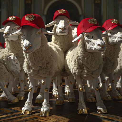 small flock of sheep, all wearing red baseball caps, all wearing gold lame high top sneakers, facing camera