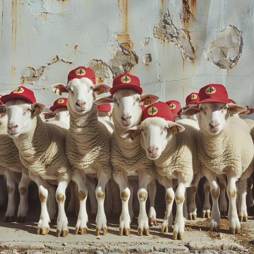 small flock of sheep, all wearing red baseball caps, all wearing gold lame high top sneakers, facing camera