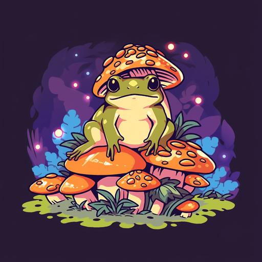 small frog sitting in front of mushrooms scene, based on art style from frog and toad book series, cottagecore aesthetic, t-shirt design vector contour --niji
