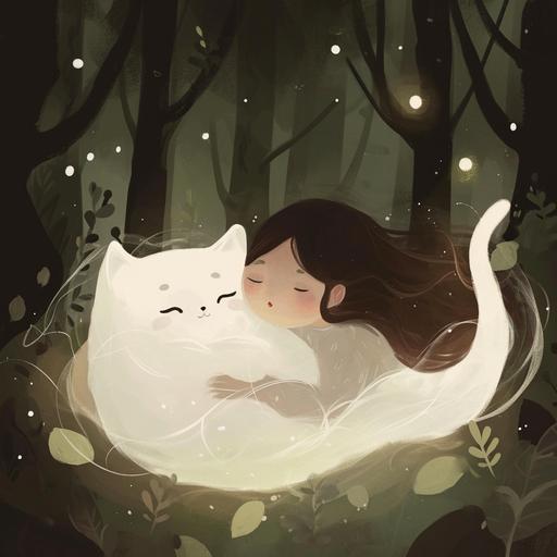 small ghost cat being hugged by a sleeping girl, cute cartoon, minimalist, will-o'-the-wisp glow --v 6.0