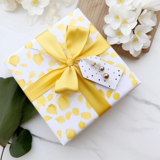 small gift wrapped in white and yellow wrapping paper with a bow and a tag --v 5
