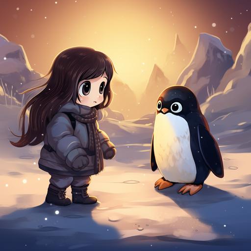 small girl, long hair, brown eyes, meeting a penguin on an ice field, cartoon style