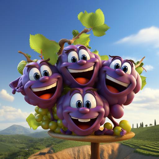 small happy faces on a funny grape, 3d cartoon style, vineyard and blue sky in the background