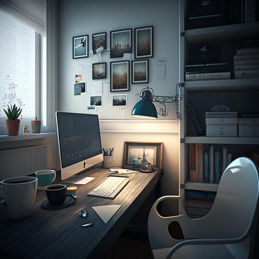 small office with one table for monitor office container files mug lamp calendar flower chair books
