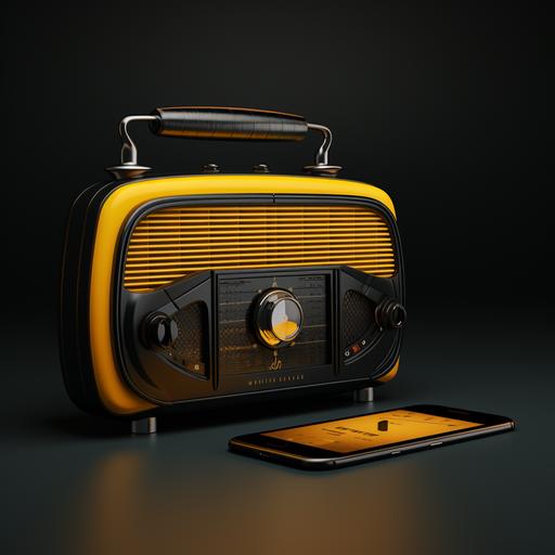 small old fashioned radio versus a modern futuristic smartphone, in yellow and black background ar1:1