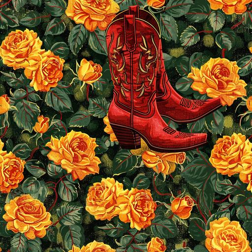 small patterns, seamless, multiples red cowgirl boots, yellow roses, pixelated --s 250
