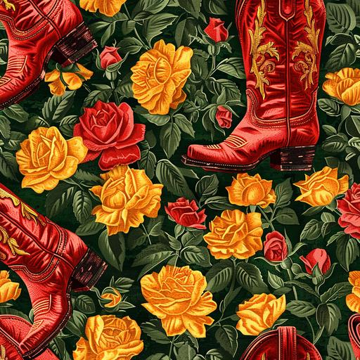 small patterns, seamless, multiples red cowgirl boots, yellow roses, pixelated --s 250