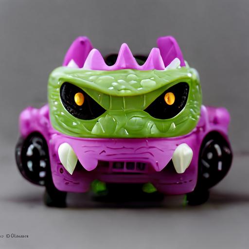 small plastic toy, cool cartoonish villain with the appearance of a croccodile driving a flashy supercar, made of monochromatic plastic and stickers, in the style of Kinder, realistic, photo, 3d rendering, --ar 1:1