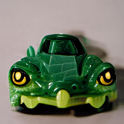 small plastic toy, cool cartoonish villain with the appearance of a croccodile driving a flashy supercar, made of monochromatic plastic and stickers, in the style of Kinder, realistic, photo, 3d rendering, --ar 1:1