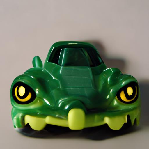 small plastic toy, cool cartoonish villain with the appearance of a croccodile driving a flashy supercar, made of monochromatic plastic and stickers, in the style of Kinder, realistic, photo, 3d rendering, --ar 1:1 --uplight