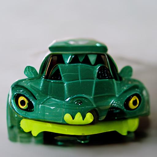 small plastic toy, cool cartoonish villain with the appearance of a croccodile driving a flashy supercar, made of monochromatic plastic and stickers, in the style of Kinder, realistic, photo, 3d rendering, --ar 1:1