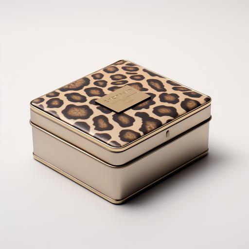 small product packaging metal box for eye pads beige brown leopard print
