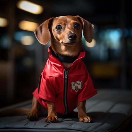 small red dachshund chihuahua mix dressed like a security guard, 1/200 s, ISO100, taken on a Canon EOS R with a 50mm f/1.8, f/2.2 lens