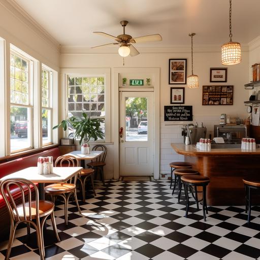 small, southern cafe, recently updated, formica tables, photos on the walls, black and white floor tiles, large counter with pastries, big window near the door. Not old, not modern. hyper realistic