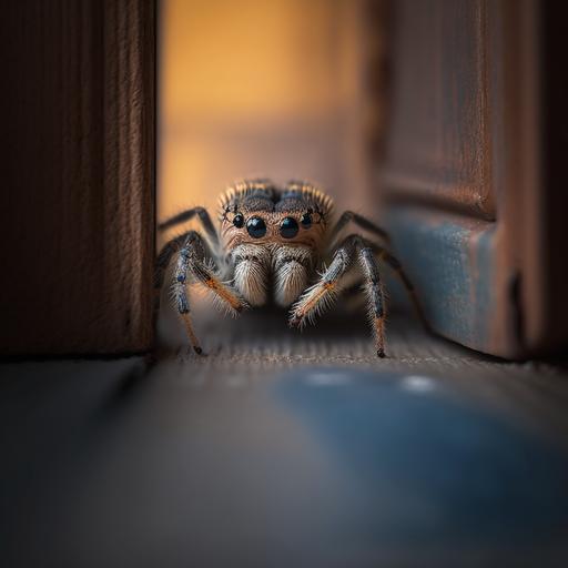 small spider under the door, professional color grading, soft shadows, no contrast, f-stop 1.2, depth of field, focus stacking, super macro photography