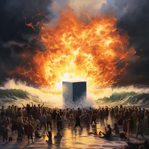 small square metal box with fire coming out with people around it. beach party on north shore of hawaii. people surfing big waves in background. painting. tundra . cold.