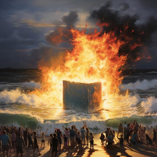 small square metal box with fire coming out with people around it. beach party on north shore of hawaii. people surfing big waves in background. painting. tundra . cold.