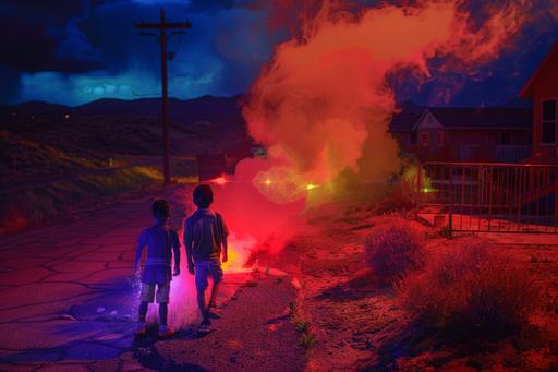 small town neighborhood night time glowing color lights a photo of retro kids finding and carefully chipping away at a geode crystal stone to reveal a magic foundation underneath outside desert landscape, action photography of young siblings with buzz cuts exploring, 1980s technicolor photograph of real life people characters, psychedelic multiverse flying, outside desert landscape, glowing aura smoke, full spectrum color, prism holographic rainbow, c4d, octane render, cinematic lighting, hyper detailed, portal, intricate details, 8k, retro technology, retro science lab sci Fi, and glowing slime aesthetic, creatures, ultra realistic lighting, sinister, occult, dancing, with models and abstract iridescent translucent organic mineral specimens, symbol, interaction, glow, full color spectrum, --ar 3:2 --v 6.0