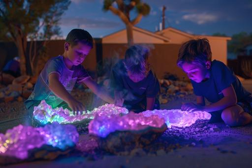 small town neighborhood night time glowing color lights a photo of retro kids finding and carefully chipping away at a geode crystal stone to reveal a magic foundation underneath outside desert landscape, action photography of young siblings with buzz cuts exploring, 1980s technicolor photograph of real life people characters, psychedelic multiverse flying, outside desert landscape, glowing aura smoke, full spectrum color, prism holographic rainbow, c4d, octane render, cinematic lighting, hyper detailed, portal, intricate details, 8k, retro technology, retro science lab sci Fi, and glowing slime aesthetic, creatures, ultra realistic lighting, sinister, occult, dancing, with models and abstract iridescent translucent organic mineral specimens, symbol, interaction, glow, full color spectrum, --ar 3:2 --v 6.0