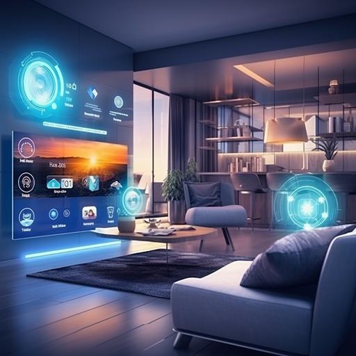 smart home, living room with tv, smart home interface with augmented realty of iot object interior design, Temperature, volume, tv icon ultrarealistic --s 100