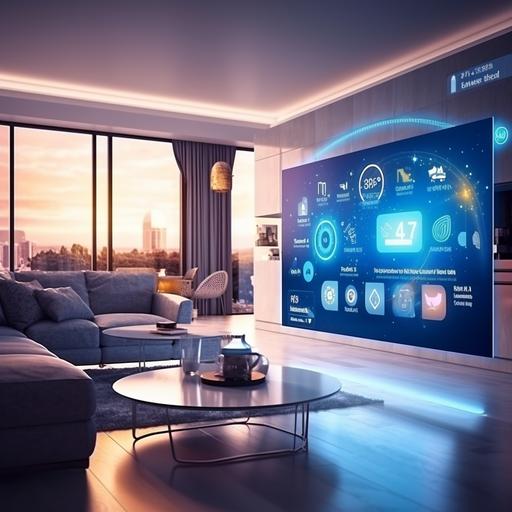 smart home, living room with tv, smart home interface with augmented realty of iot object interior design, Temperature, volume, tv icon ultrarealistic --s 100