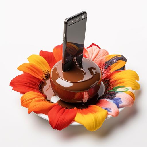 smartphone dipped in huge chocolate fondue fountain colorful poppy happy, 35mm --v 5.0 --s 250