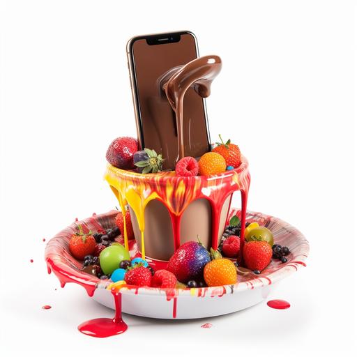 smartphone dipped in huge chocolate fondue fountain colorful poppy happy, 35mm --v 5.0 --s 250