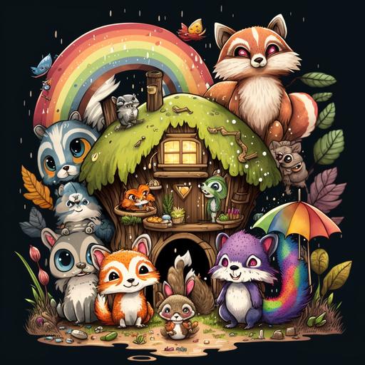 smiley fox, wise owl, playful squirrel, timid rabbit, and mischievous raccoon in a house in a forest, Moneygami, Wet-Folding, Colorful, Rainbow, Furry