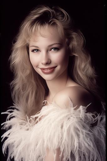 smiling 16 year old Traci Lords glamour portrait, decolletage, white feather boa, long flowing gown, odalisque pose, professional photography --ar 8:12 --stylize 500 --v 5 --s 5000 --s 5000 --upbeta --v 3