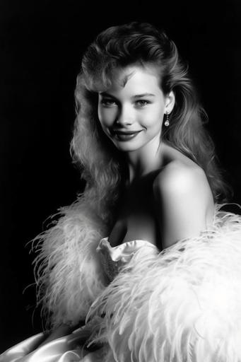 smiling 16 year old Traci Lords glamour portrait, decolletage, white feather boa, long flowing gown, odalisque pose, professional photography --ar 8:12 --stylize 500 --v 5 --s 5000 --s 5000 --upbeta --v 3