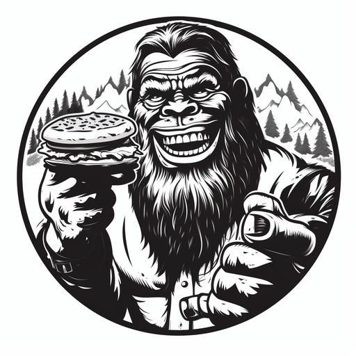 smiling Bigfoot holding a burger black and white circle logo