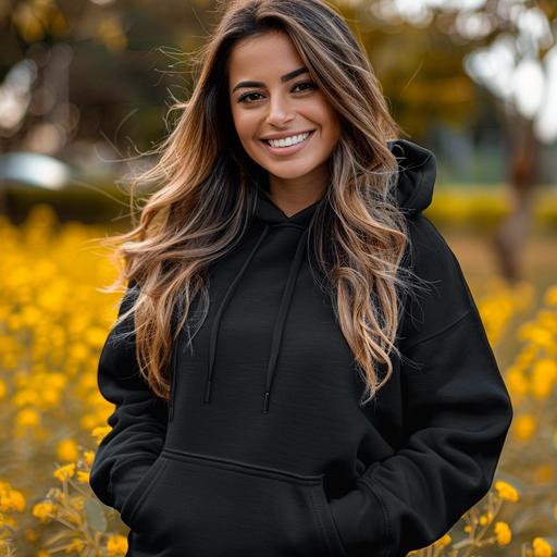 smiling beautiful mid 30 yrs brazilian woman with curves and makeup wearing black hoddie Heavy Blend hoodie - Model Mockup - - outside background high-quality images 85mm Nikon D850 DSLR 8