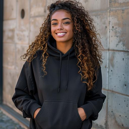 smiling beautiful mid 30 yrs brazilian woman with curves and makeup wearing black hoddie Heavy Blend hoodie - Model Mockup - - outside background high-quality images 85mm Nikon D850 DSLR 8
