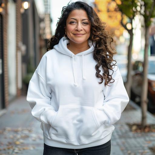 smiling beautiful mid 40 yrs old dark skin hispanic woman with curves and makeup wearing white hoddie Heavy Blend hoodie - Model Mockup - - outside background high-quality images 85mm Nikon D850 DSLR 8