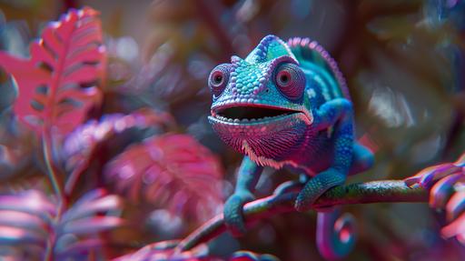smiling blue and magenta colored chameleon sitting, pixar, cartoon character, 3D, detailed, lights, vray ray tracing --ar 16:9