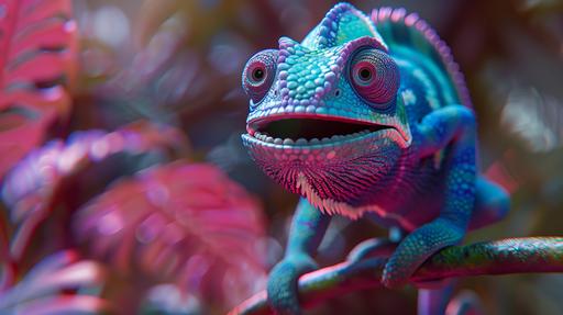 smiling blue and magenta colored chameleon sitting, pixar, cartoon character, 3D, detailed, lights, vray ray tracing --ar 16:9 --v 6.0