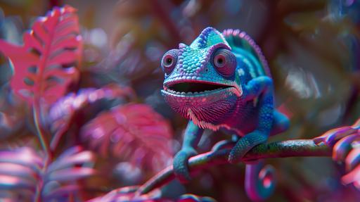 smiling blue and magenta colored chameleon sitting, pixar, cartoon character, 3D, detailed, lights, vray ray tracing --ar 16:9 --v 6.0